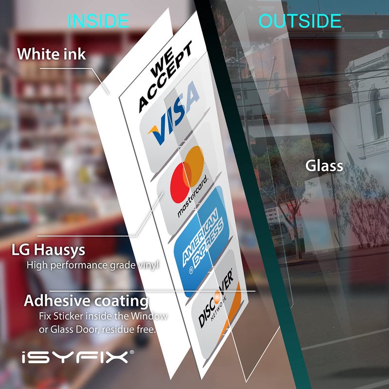 iSYFIX ملصقات بطاقات الائتمان iSYFIX للنوافذ الداخلية - 4 عبوات 3x8 بوصة - نقبل فيزا، ماستركارد، أمريكان إكسبريس واكتشاف، فينيل لاصق أمامي فاخر، أبواب زجاجية، متاجر، أعمال - Image 3